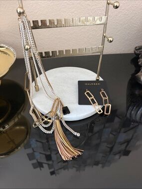 Halogen Gold and Silver Mixed-Metal Tassel Necklace with Gold-Link Drop Earrings
